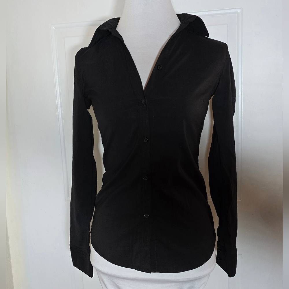 French Kiss Black Button Up Collared Top Cuffed Sleeves